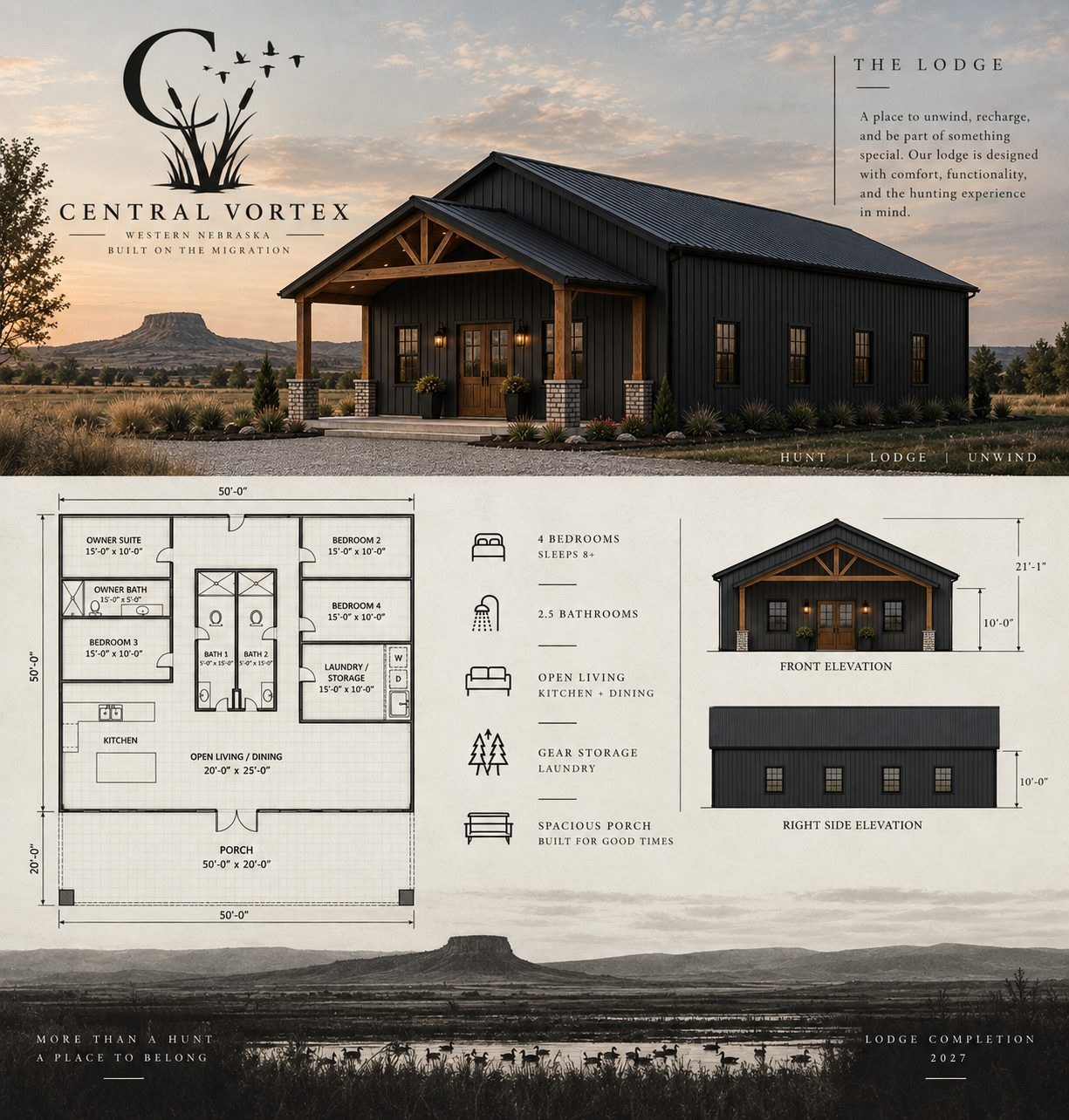 Central Vortex Outfitters lodge overview: exterior rendering, a 50-foot by 50-foot floor plan with an owner suite, four bedrooms, 2.5 baths, laundry and gear storage, open living and dining, and a 50-foot by 20-foot covered porch, plus front and right side elevations. Lodge completion 2027.
